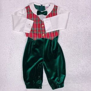 Vintage great guy Christmas outfit one piece velvet, plaid vest bow tie 24m